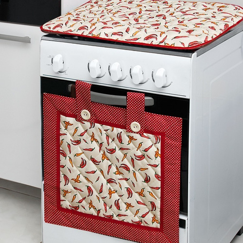 Cortina Forno + Capa P/ Tampa Fogão 4 Bocas -lindas Estampas Cor Pimenta