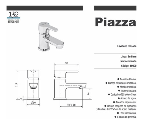 Canilla Griferia Monocomando Baño Mesada Piazza Emblem 10000