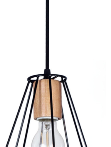 Imagen 2 de 2 de Lampara Colgante Jaula Metal Negro Y Madera A14 Carilux