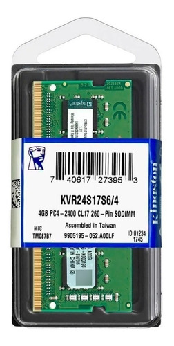 Memoria Ram Kingston Ddr4-2400 Sodimm 4gb/ 1.2v/ Cl 17/ 260