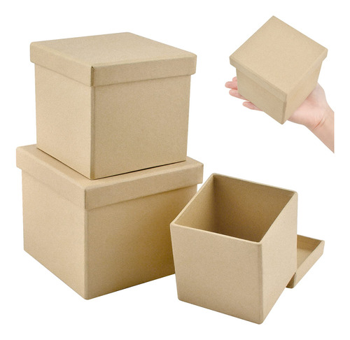 Caja Papel Mache Juego 3 Cuadrada Para Sombrero Kraft Tapa