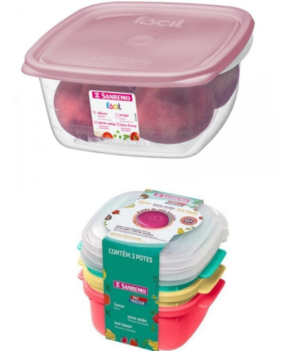 Kit 2 Com 3 Potes Quadrado Plastico 3 Cores- Decoração