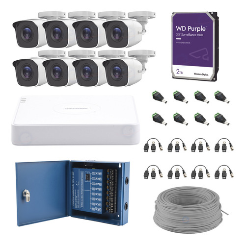 Kit 8 Camaras Hikvision Cctv 1080p 2mpx Dvr 16 2tb 200m Cab Color Blanco