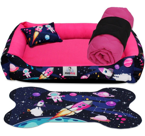 Kit Cama Casinha Caminha Pet Para Cachorro Lavável - Média Cor Foguete Pink