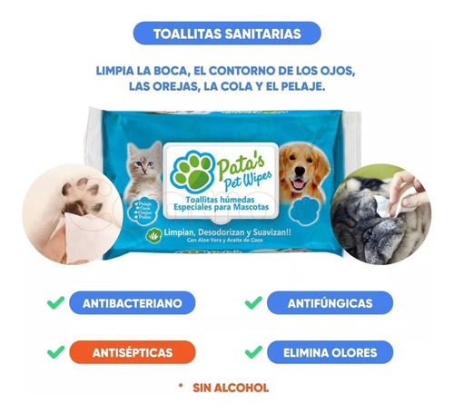 Imagen 3 de 10 de Toallitas Humedas Perro Gato Paños Patas Orejas Limpias X 5