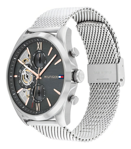 Reloj Tommy Hilfiger Hombre Clásico 1710646 Multifuncion Malla Plateado Bisel Plateado Fondo Gris Oscuro