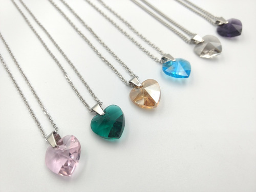 Set 6 Cadenas + Dijes Vidrio Corazón Acero Quirúrgico 316l