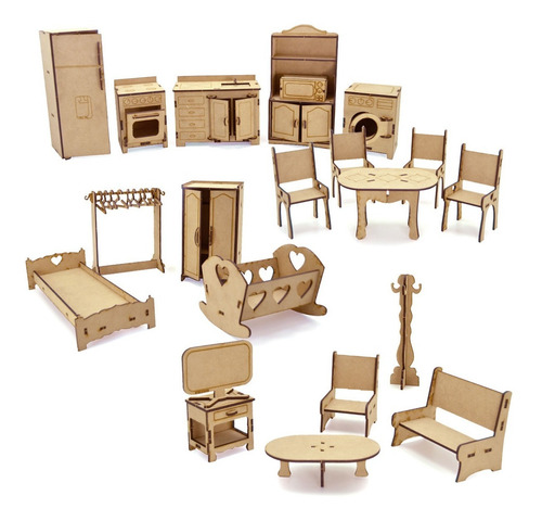 Imagen 6 de 8 de Set De Muebles Para Muñecas - 30 Piezas En Fibrofácil Mdf