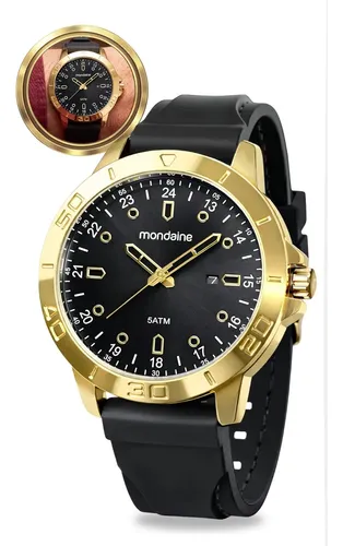 Relógio De Pulso Mondaine Com Corria De Silicone Cor Preto - Bisel Dourado