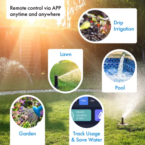  Sainlogic Temporizador de aspersor con cubo Wi-Fi, temporizador  de grifo de manguera de jardín inteligente, temporizador de agua  programable, controlador de riego inalámbrico de riego con medidor de flujo  de agua 