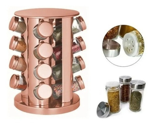 Porta Temperos E Condimentos Inox 16 Potes Suporte Giratório Cor Rose gold