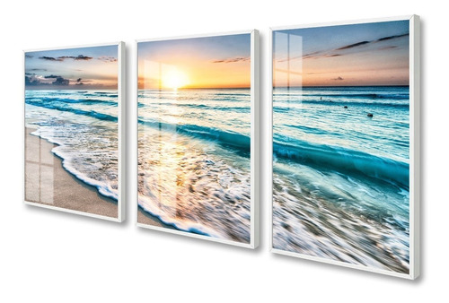 Quadros Decorativos Paisagem Praia Mar Luxo Moldura E Vidro Cor Azul Cor Da Armação Branco