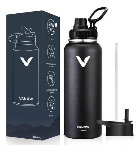 Termo De Acero Inoxidable, Termo De Agua Con 2 Tapas Negro