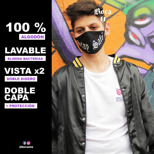 Cubrebocas Boca Mx Lavable Doble Capa Algodón Negro Diseño