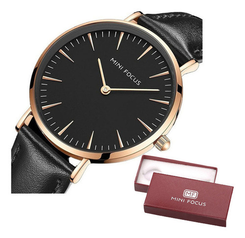 Reloj De Cuero Ultradelgado Mini Focus Simple Para Mujer Color De La Correa Negro