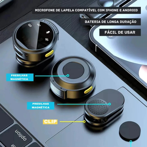 Microfone Lapela Duplo Compatível C/ Android E Ios Sem Fio Cinza-escuro