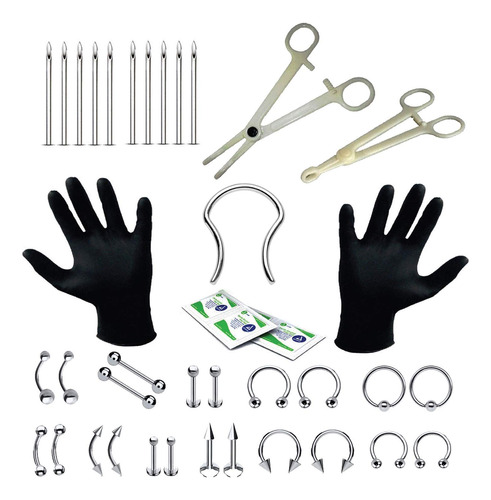 36pc Pro Piercing Kit Acero Inoxidable 14g 16g Anillo D...