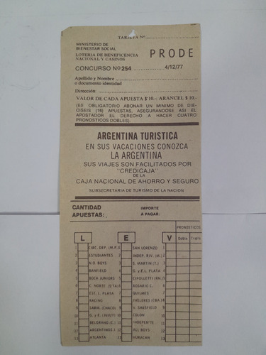 Antigua Boleta Prode Año 1977 Zona Boedo Medidas 18x8cm (Usado)