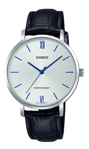 Reloj de pulsera Casio Dress LTP-VT01 de cuerpo color plateado, analógico, para mujer, fondo plateado, con correa de cuero color negro, agujas color azul, dial azul, bisel color plateado y hebilla simple