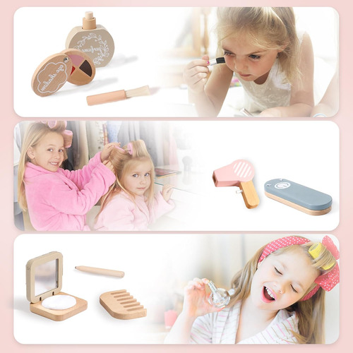 Juego De Juguetes De Maquillaje De Madera Natural Para Niñas