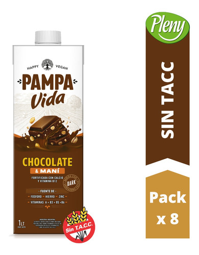 Pack X 8 Leche Chocolate Y Maní Pampa Vida 1l - Sin Tacc