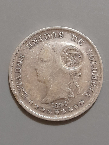 Moneda Resello  Costa Rica A Moneda Colombiana Bogotà 1874.