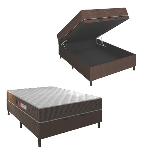 Cama Box Baú Casal Colchão Molas Pequim 138cm Marrom/branco Cor Marrom