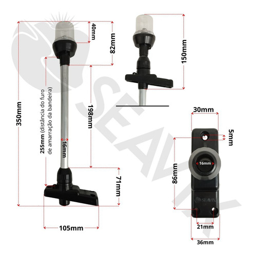 Kit Completo Luz De Popa Mastro Preto Com Alumínio Bandeira Do Brasil E Olho De Tubarão Preto Com Lente Incolor Bombordo E Boreste Barcos Lanchas Iates Uso Obrigatorio Conjunto Seavix Qualidade