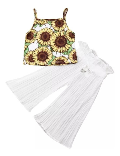 Ropa De Verano Niña, Girasoles, Pantalon Bota Ancha