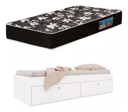 Sommier Cama De 1 Plaza Con Cajones + Colchon Espuma 20 Cm