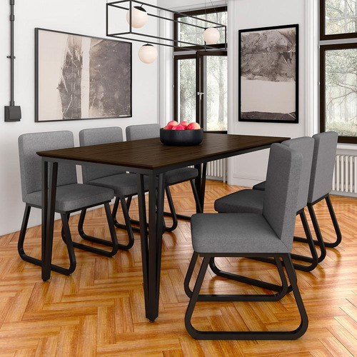 Mesa Com 6 Cadeiras Industrial 1,8 Aspen Pr/imb/cnz - Ma Cor Preto Fosco/imb/linho Cinza