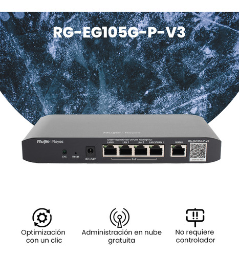Ruijie Rg-eg105g-p-v3 Router Balanceador Cloud Poe+ 54w 3 Puertos Lan Gigabit 1 Puerto Wan Gigabit 1 Puerto Lan/wan Gigabit Configurable Hasta 100 Clientes Con Desempeño 600 Mbps Asimétricos