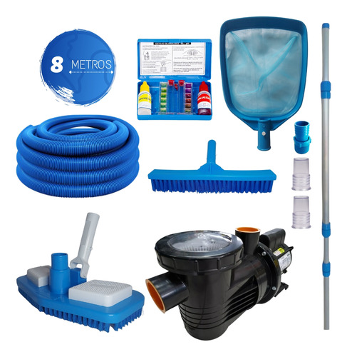 Kit Limpeza Piscina + Bomba 1/3cv E 8 Metros De Mangueira