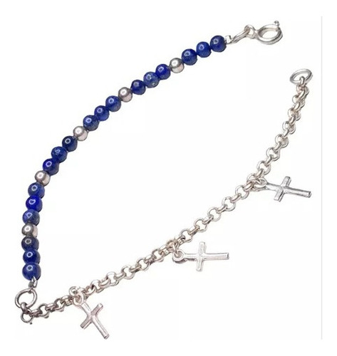 Pulsera Plata 925 Lapiz Lazuli 4mm Dije Cruz Pp465 Reina C 