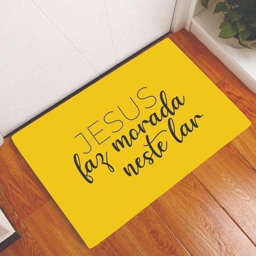 Tapete Capacho Decorativo Jesus Faz Morada Amarelo 60x40cm