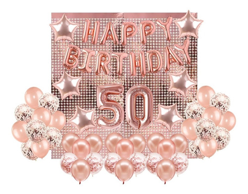 Combo De Globos Metalizados Rose Gold Happy Birthday 