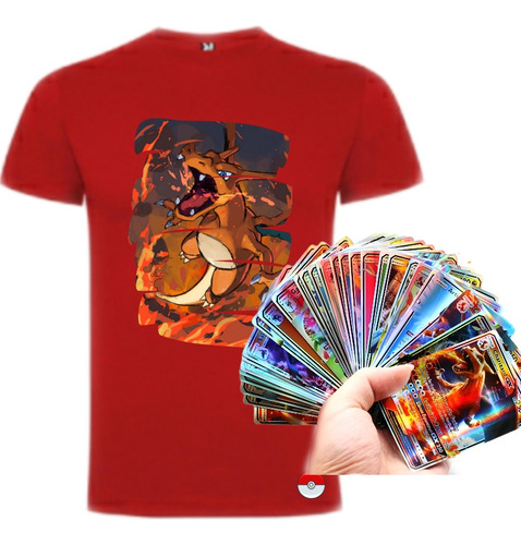 Polera Charizard Roja Pokemon Algodón Más Pack De Cartas 