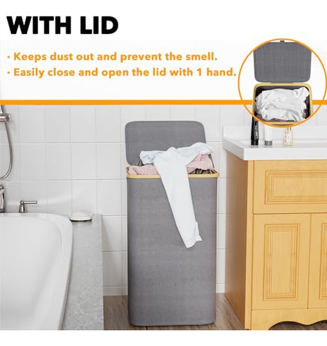 Cesta Lavandería 110l Tapa Asas Bambú Plegable Gris