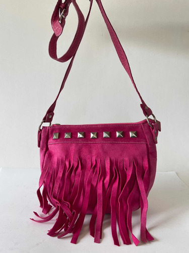 Bandolera De Cuero Con Flecos Fucsia