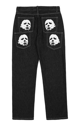 Jeans Casuales Hombre De Pierna Ancha Calavera Recta Negra