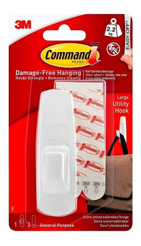 Imagen 1 de 10 de Gancho Pared Multiuso Adhesivo 3m Command Grande Blanco 2,2k