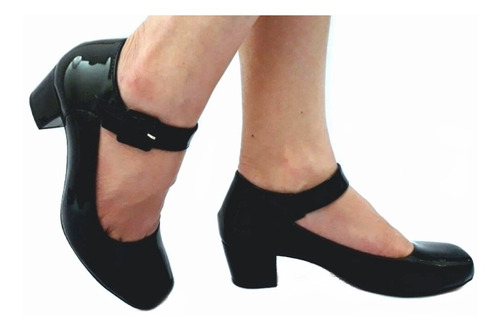Sapato Feminino Preto Boneca Salto Baixo Médio Grosso. | Mercado Livre