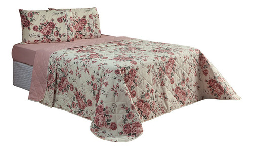 Cobre Leito Casal Queen Dupla Face Matelado Percal 150 Fios Cor Rose Floral