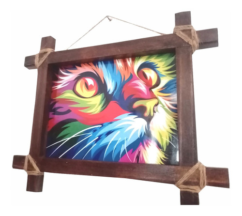 Cuadro En Madera Artesanal- Gato Abastracto Colores 