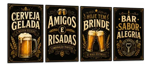 Quadros Decorativos Bar Cerveja Vintage 4 Peças Multicores Borda Infinita