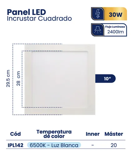 Panel Led 30w Incrustar Certificada Cuadrado 29,5cm X6 Und