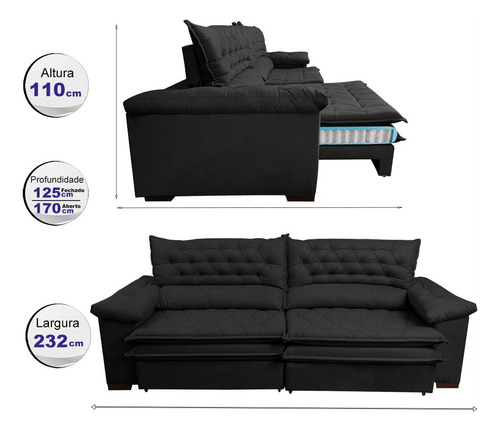 Sofá Retrátil Reclinável 2,32m Cama Inbox Alemanha. Velusoft Cor Preto