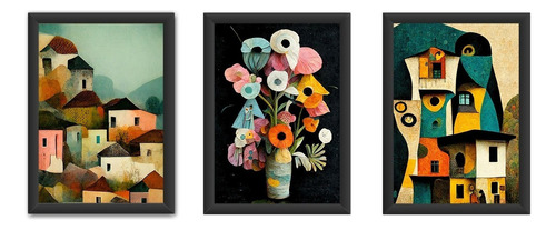 Kit 3 Quadros 18x24cm Arte, Casas, Flores, Pintura, Lindos Cor Preto