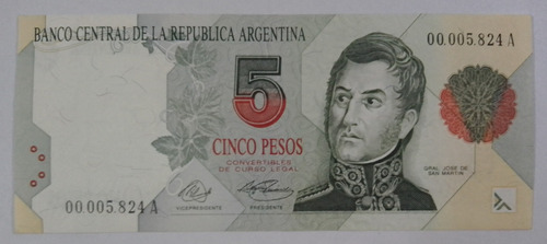 Billete $5 Argentina Primer Diseño Numeración Baja 