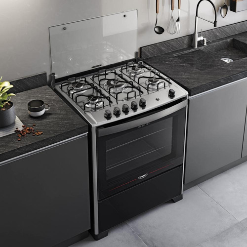 Fogão 5 Bocas Preto Com Mesa De Inox Dako Magister